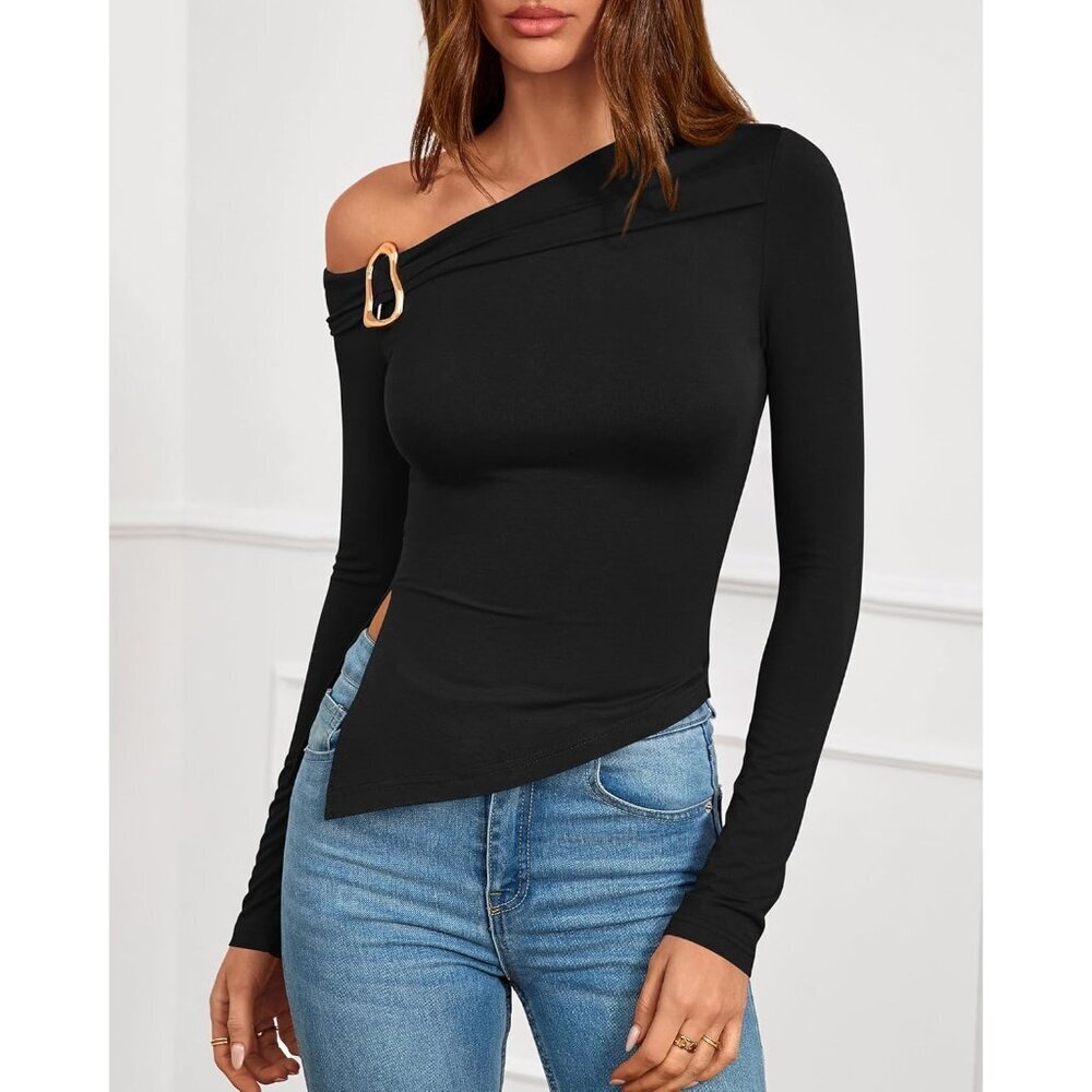 Women Off Shoulder Top Viscose Elastane Slim Fit Asymmetrical Long Sleeve - Picture 6 of 8